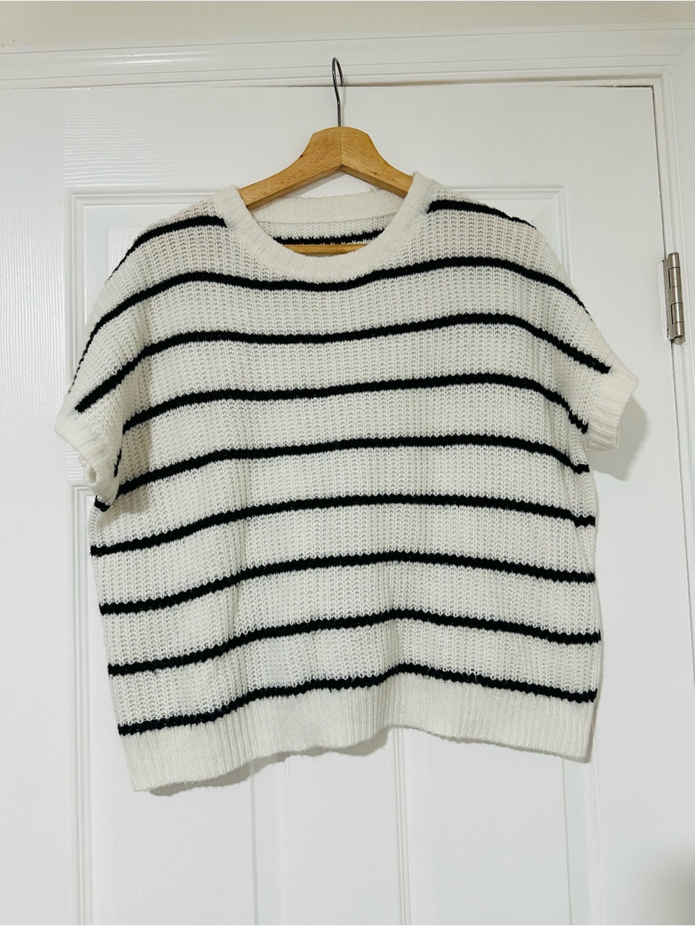White Knit Short-Sleeve Sweater with Black Stripes